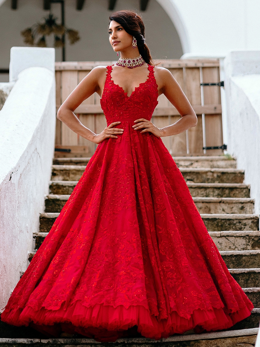 Cherry red gown with embroidery 